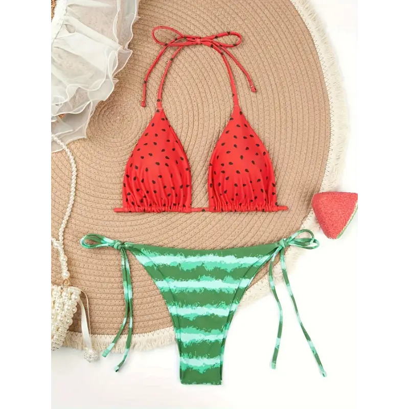 Women's Watermelon Print Bikini Set - Sexy Halter Neck with Tie-Side High-Cut Bottoms, Stretchy Polyester Blend, Non-Transparent Knit Fabric, Perfect for Summer Beachwear, Summer Bikini Set|Tieside Bottoms|Glossy Finish Swimsuit, High Waist