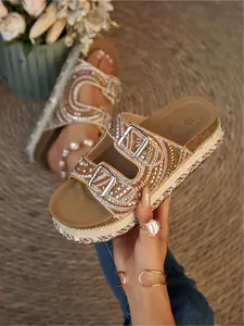 Full Rhinestone Double Buckle Chunky Sole Slippers, Elegant Lady Style Outdoor Slides Women Footwear Slipper Shoes