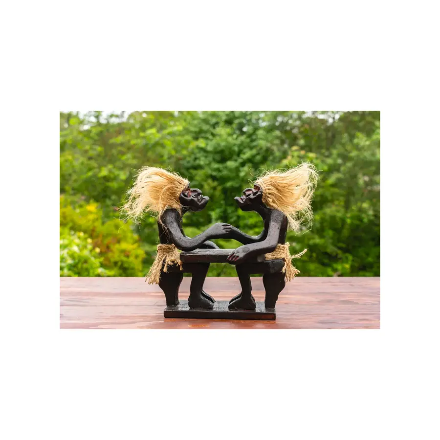 Handmade Wooden Primitive Tribal Funny Statue Two Men Arm Wrestling Sculpture Tiki Bar Handcrafted Gift Art Decor Accent Figurine Hand Carved
