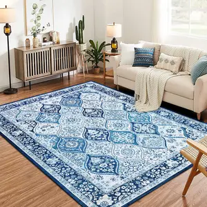Modern Geometric Trellis Washable Area Rug - Non-Slip Low-Pile Indoor Carpet for Living Room, Bedroom, Dining Room & Office