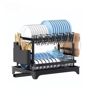 2 Tier Dish Drying Rack Dish Racks for Kitchen Counter Metal Dish Drainers with Knife Cup Utensil Holder, Black dishdryerrack
