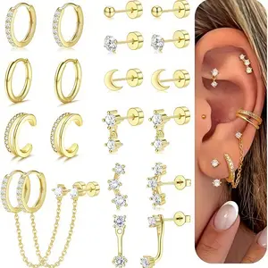 Gold Plated Earrings for Women Hypoallergenic 20G Surgical Stainless Steel Flat Back Stud Earrings Dainty Stackable Earring Stacks Small Cartilage Earring Sets for Multiple Piercing