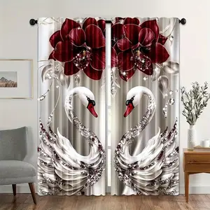 Floral Swan Art Design Polyester Fiber Curtains Set, 2 Pieces, Ideal for Living Room Bedroom Office, Holiday Seasonal Home Decor, Home Decoration Curtain