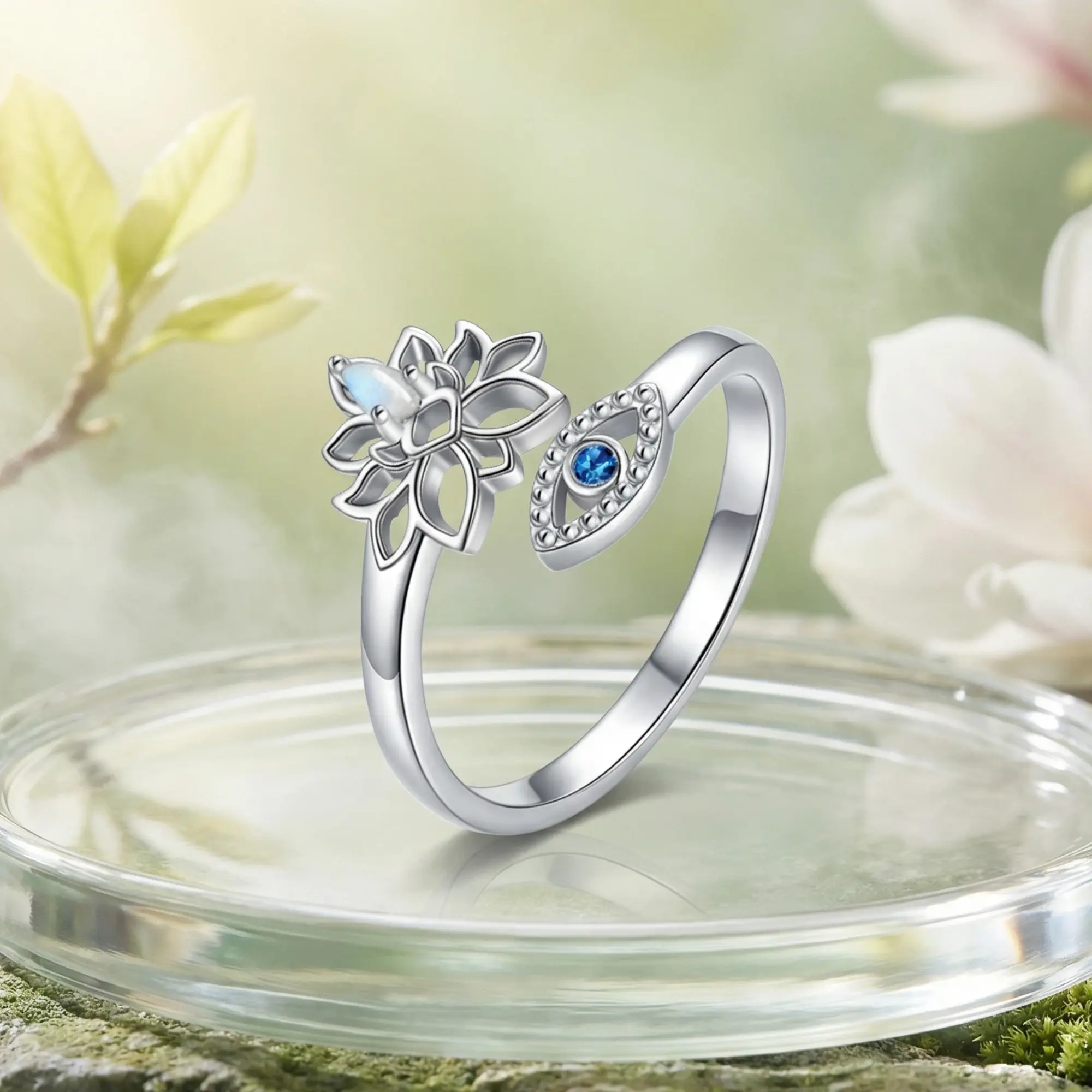 S925 Lotus & Naẓar Boncuğu Sterling Silver Adjustable Ring, Eye bead Protection Ring, Pagan Jewelry Gift, Mother's Day Gift