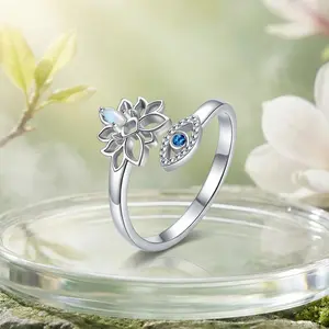 S925 Mother's Day Lotus & Naẓar Boncuğu Sterling Silver Adjustable Ring, Eye bead Protection Ring, Pagan Jewelry Gift, Mother's Day Gift