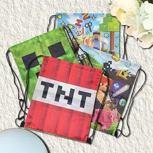 2pcs Retro Pixel Miner Drawstring Bags, Tnt & Monster Print, Floral Pattern, Cosmetic Bags for Kids Birthday Parties