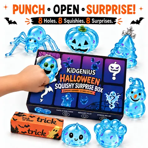 KIDGENIUS 8Pcs Blind Box Squishies Punch-to-Reveal Glitter Halloween & Christmas Characters, Sensory Fidget Toys Stress Relief, Non-Candy Trick-or-Treat Surprises, Holiday Basket Stuffers, Party Favors for Kids 2+ Years, Unisex