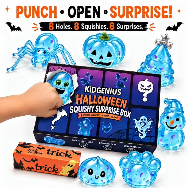 KIDGENIUS 8Pcs Blind Box Squishies Punch-to-Reveal Glitter Halloween & Christmas Characters, Sensory Fidget Toys Stress Relief, Non-Candy Trick-or-Treat Surprises, Holiday Basket Stuffers, Party Favors for Kids 2+ Years, Unisex