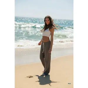 Linen Pants 32" Inseam Drawstring Smocked Waist Beach Pants - Light Olive