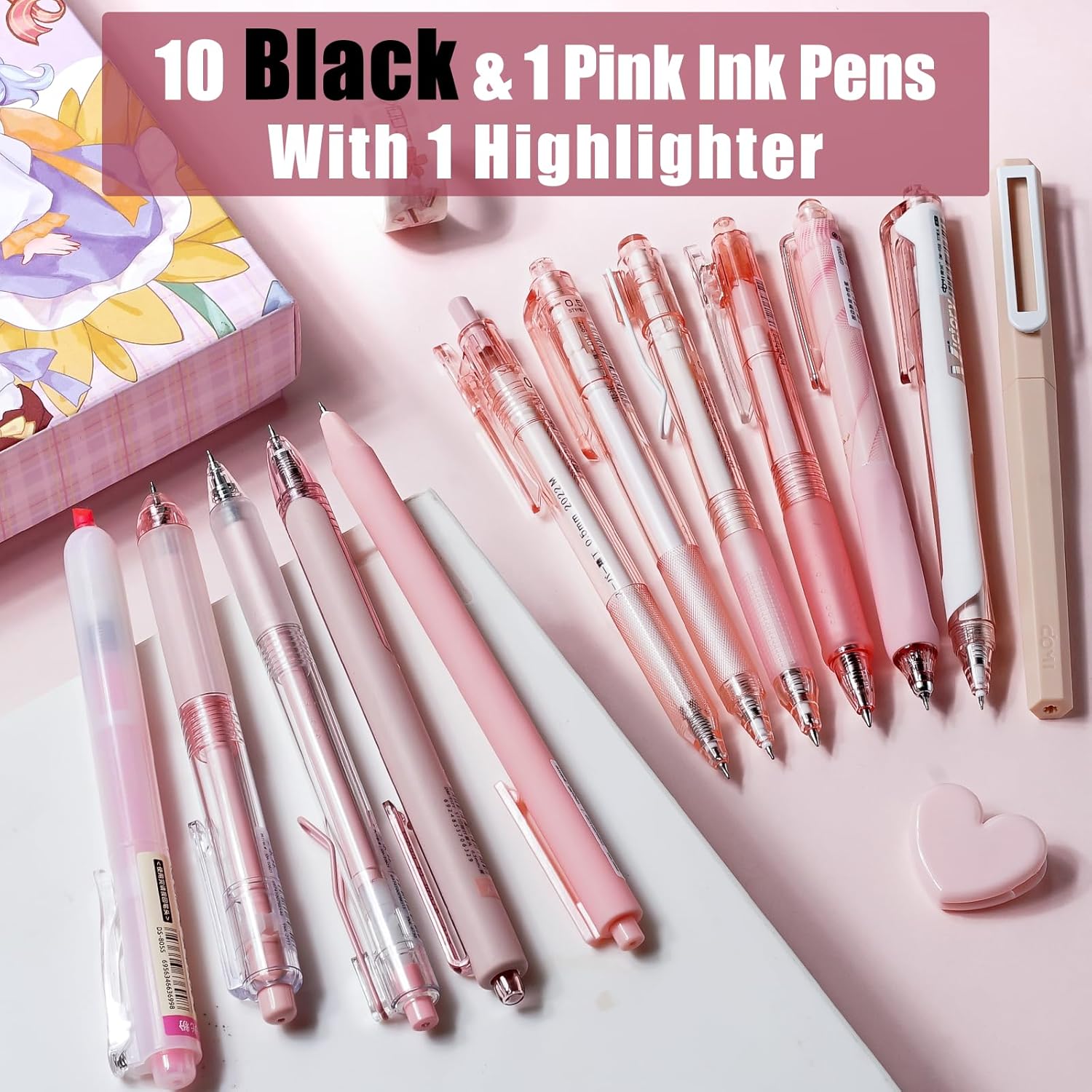 Four Candies 12PCS Pastel Gel Ink Pen Set with Case,【Buy 2 Get 1】 Retractable 0.5mm Fine Point 11PCS Black Ink Pens with 1PCS Highlighter,Aesthetic Pens for School Student Note Taking,Writing,Office Stationery&Supplies,HolidayHaul Quick Drying magical pen