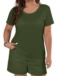Plus Size 2 Piece Set Plain Short Sleeve Shorts, Soft Skin-Friendly Casual Home & Outdoors Comfortable Daily Wear