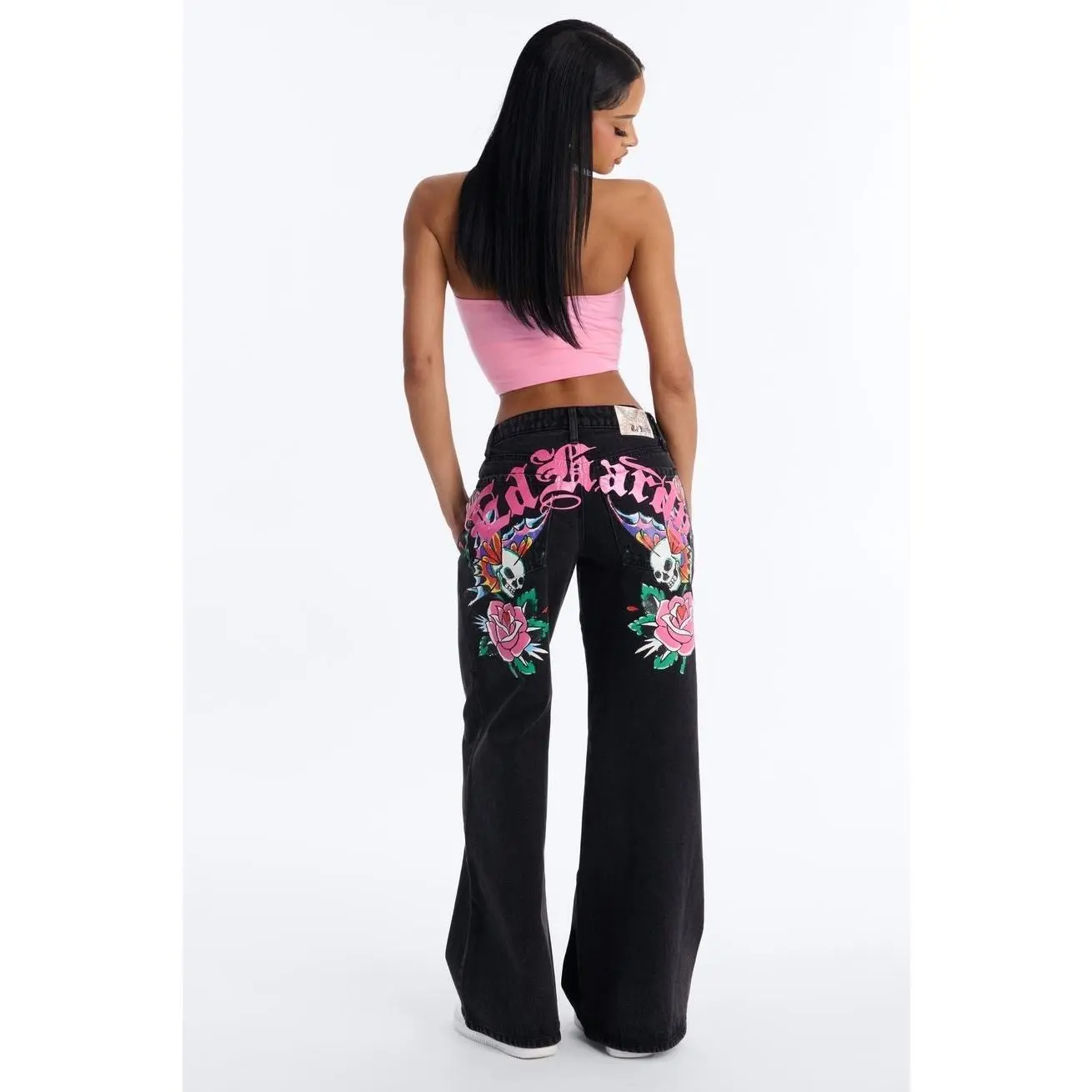 Ed Hardy Skull Flower Wide Leg Jeans - Black I