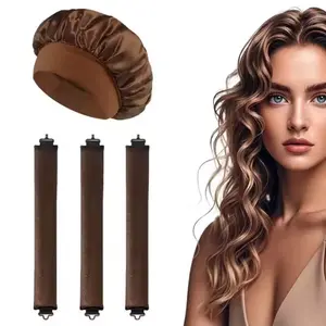 3pcs Heatless Hair Curler Satin Sleeping Cap Set Heatless Curling Rod with Bonnet Night Hat No Heat Overnight Curls For All Hair Types Soft Lazy Curls Rod