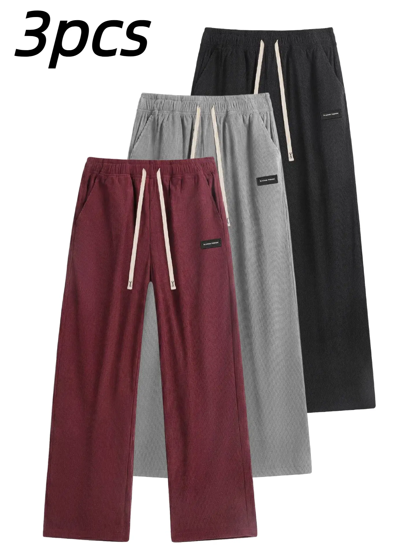 3 pack Men's Summer Corduroy Pants, Loose Fit Wide Leg Casual Pants with Elastic Waist and Pockets, Vintage Ribbed Straight Leg Streetwear Pants Beige