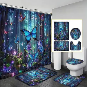 Dreamy Forest Butterfly Print Waterproof Shower Curtain Set, Anti-Slip Absorbent Mat, Toilet Lid Cover, Bathroom Decor, 4 Piece Set