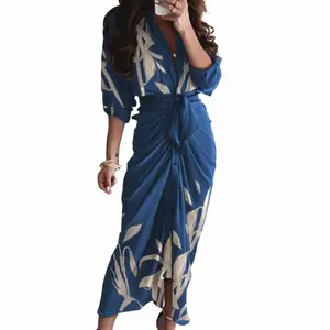 European and American Women's Fashion New INS Style Three Quarter Sleeve Printed Ruched V Neck Tie Winter Dress