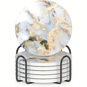 Set of 6 Marble Ceramic Coasters and Stand - Absorbent Coasters with Cork Base for Kitchen, Home Bar Accessories, Home Decor - Elegant Stone Coasters - New Home Gift - Suitable for Home, Office, and Commercial Spaces - Multiple Colors Available!