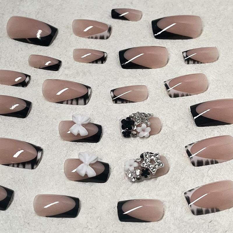 French Tip Press on Nails - Short Square Fake Nails with 3D Bow Charms - Black & White Zebra Print False Nails with Small Flowers, Silver Stars, and Rhinestones - 24Pcs DIY Nail Art Kit