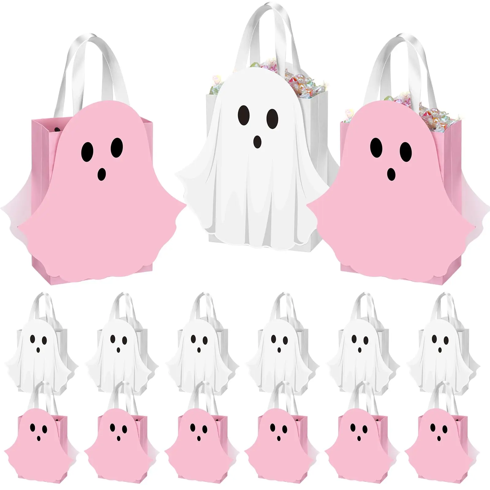 12/24 Pcs Halloween Ghost Candy Bags Paper Gift Bags with Handle Trick or Treat Bags with Cute Ghost Pastel Pink White Holographic Pattern, Snack Goodie Bags for Kids Adults Students Teachers, Halloween Birthday Baby Shower Classroom Party Favors Supplies