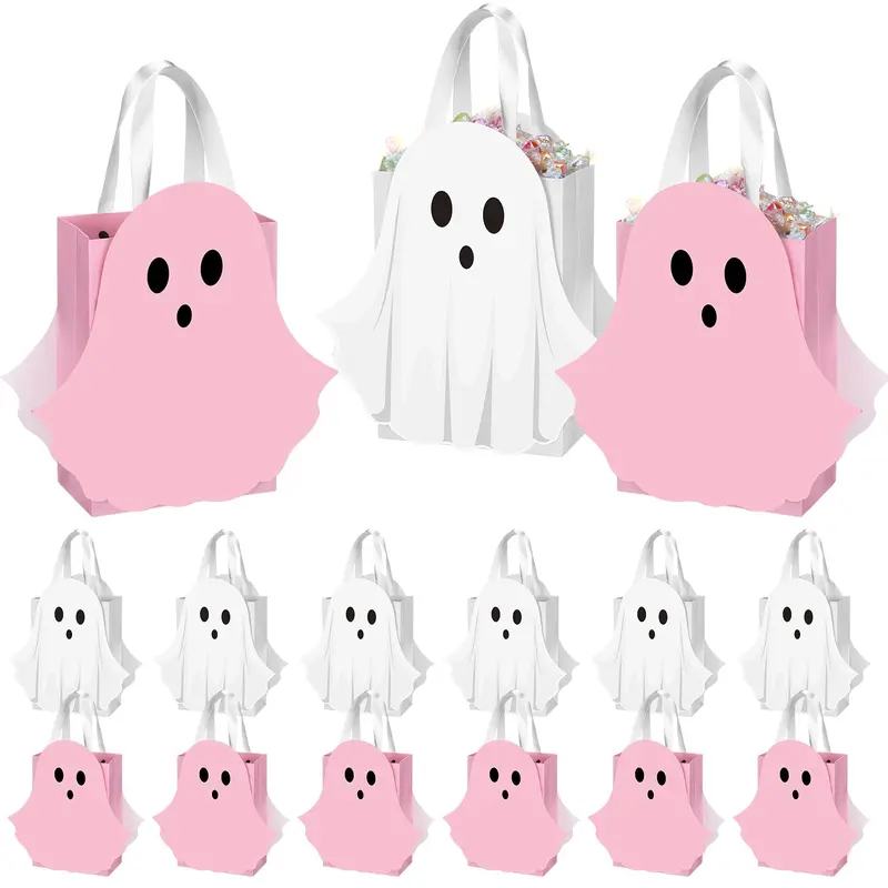 12/24 Pcs Halloween Ghost Candy Bags Paper Gift Bags with Handle Trick or Treat Bags with Cute Ghost Pastel Pink White Holographic Pattern, Snack Goodie Bags for Kids Adults Students Teachers, Halloween Birthday Baby Shower Classroom Party Favors Supplies