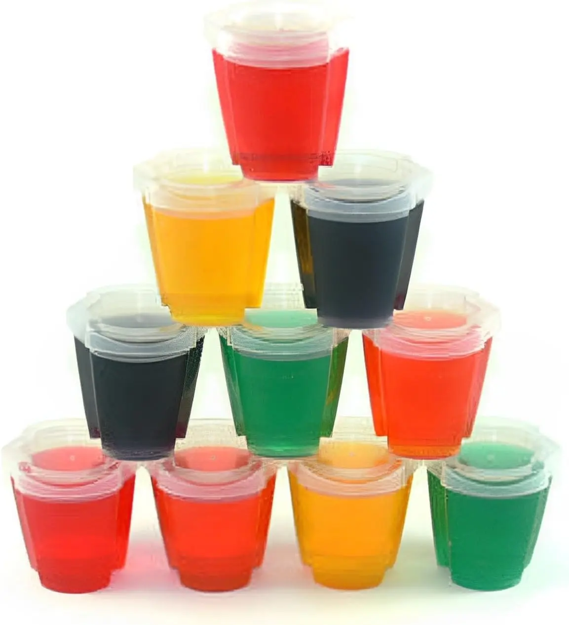 50-pc Squeezable Jello Shot Cups with Lids - 2oz Plastic Gelatin Containers | Patented Accordion Shape Design, Easy To Squeeze, BPA-Free Food Safe Plastic, Reusable, Set of 50 Squeezable Cups and 50 Lids