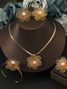 5 Piece Hollow Flower Pearl Stainless Steel Jewelry Set, Women's Wedding Party Luxury Gift, Casual All Seasons Accessories