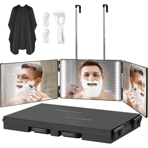 with LED Lights 3 Way Mirror for Self Hair Cutting,360 Haircuts Mirror Men for Barber Use Tools,to See Back of Head,Tri Fold with Portable Height Adjustable Telescoping Hooks