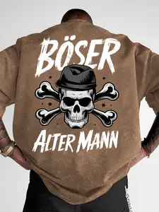 Men's Snowflake Effect Letter Skull Print T-Shirt, Vintage Casual Street Style Short Sleeve Round Neck Top