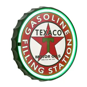 Texaco Gasoline Filling Station Bottle Cap Shaped Neon Style LED Light Rope Sign Home Bar Man Cave Garage Wall Decor