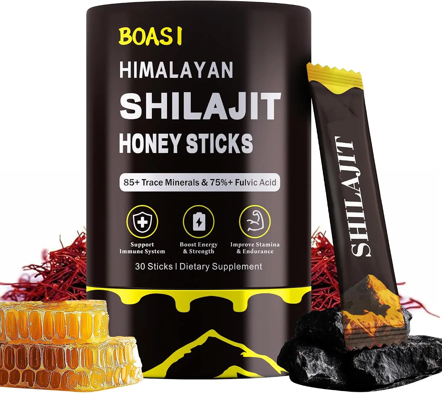 30PCS Shilajit Honey Sticks with Organic Saffron,85+Trace Minerals,75%+ Fulvic Acid