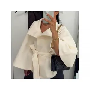 Elegant Lace Up Loose Fit Cape Coat Women's Autumn Winter Oversized High Neck Belted Wrap Jacket Fashion Warm Outerwear Outfit