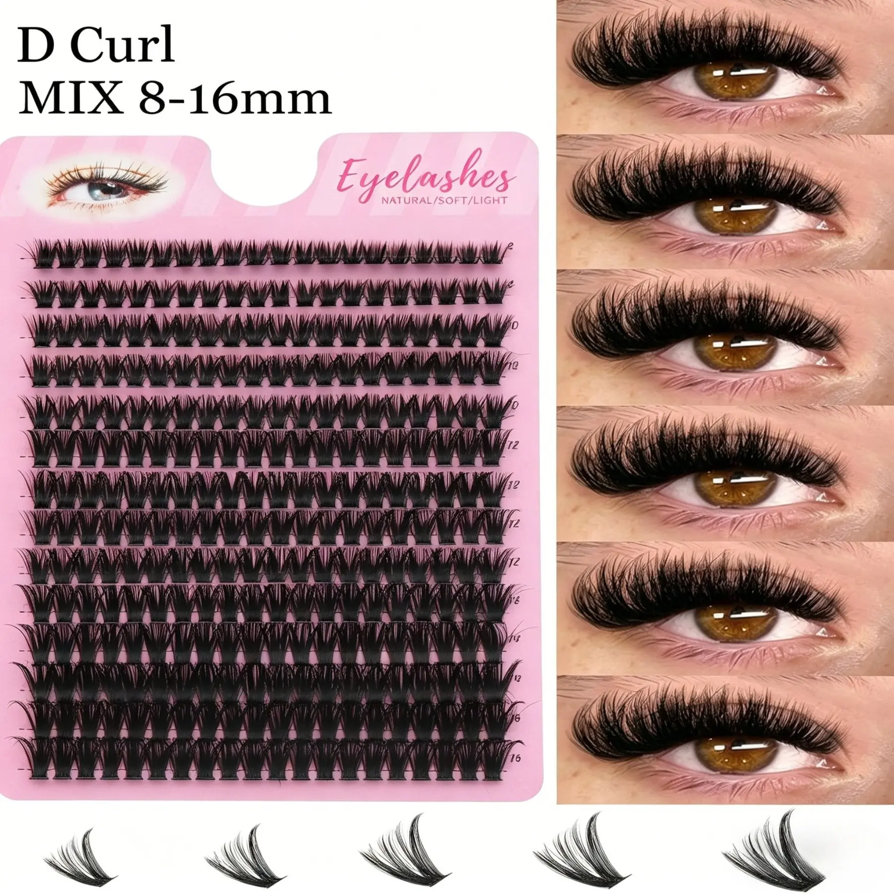 280 Clusters Of D Volume Fluffy DIY Volumized Fake Eyelashes, 8-16mm Mixed Length 60D Fluffy Individual Eyelash Clusters Segmented Pointed False Eyelashes Suitable For Makeup, Wedding/Bridal