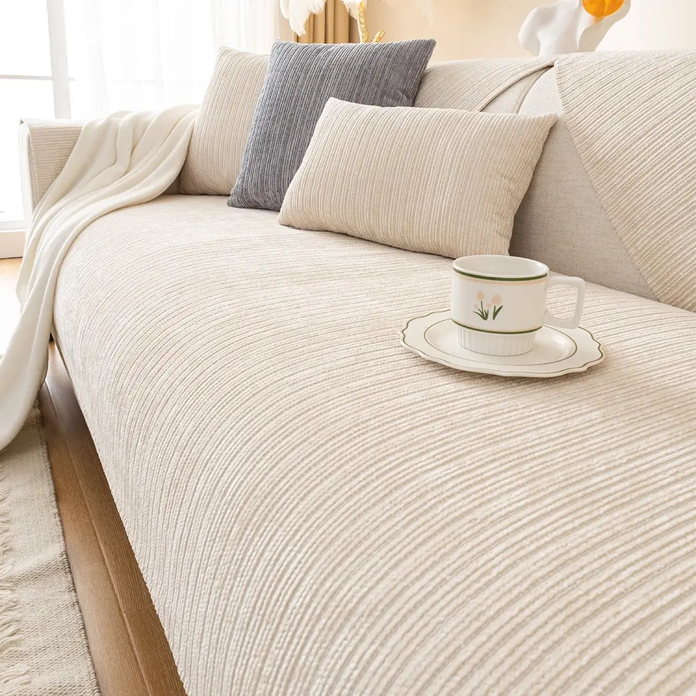 Pure Color Simple Design Chenille Sofa Cover, Sofa Couch Covers, Washable Sofa Slipcover, Anti-Slip Striped Sofa Settee, Pet Friendly, Bedroom Dining Room Living Room Use, Slipcover For Sofa