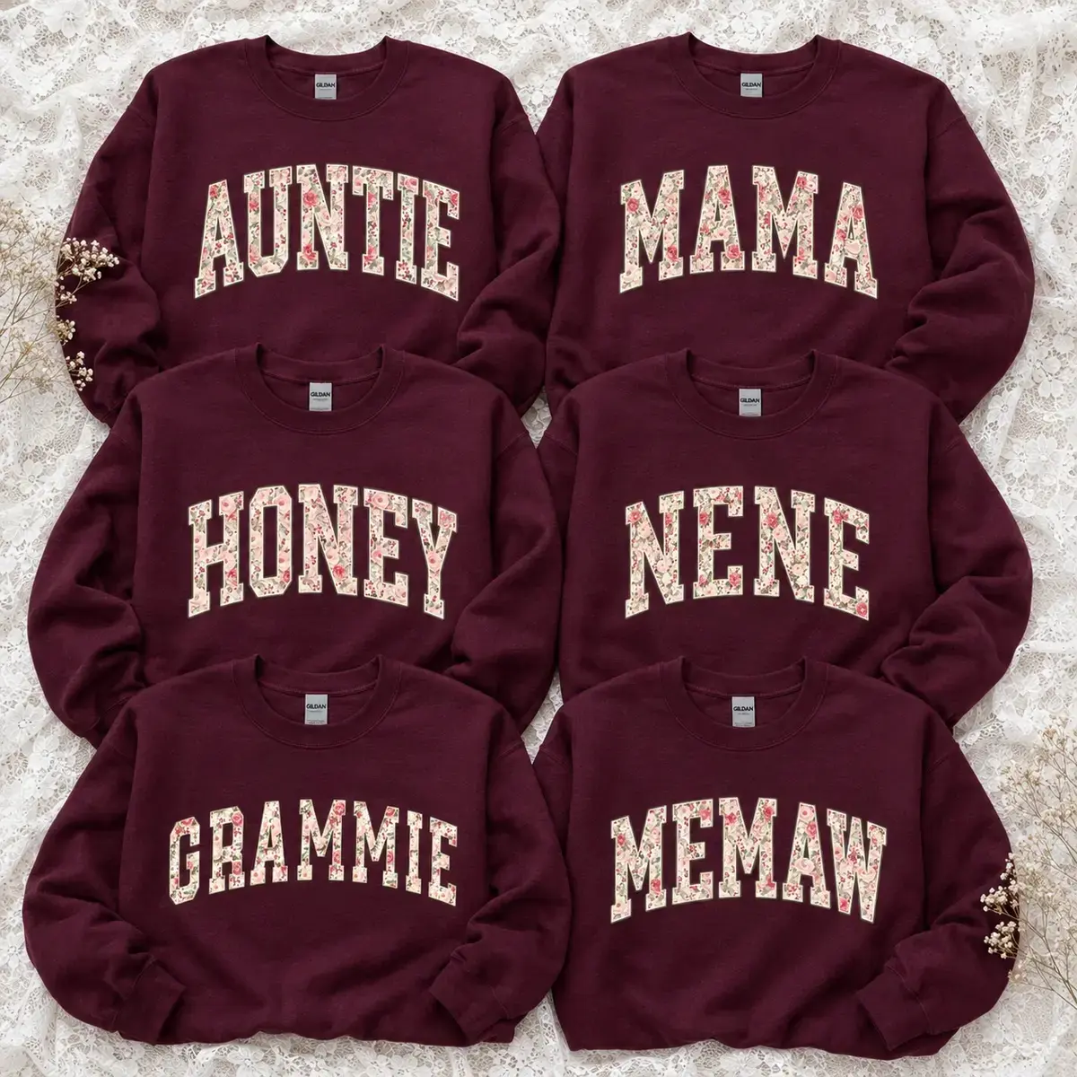 Personalized Floral Family Sweatshirt, Auntie Mama Honey Nene Grammie Memaw Crewneck, Custom Grandma Sweatshirt, Mother's Day Gift, Gildan Unisex Pullover - TrendWear USA