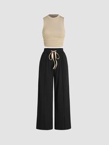 two-piece set women's ruched knit tank top & drawstring waist pants ribbed set, mufti clothes, casual fabric sleeveless top & wide leg trousers, 2 piece sets women, co-ord set for lady, clothing set, minimalist womenswear