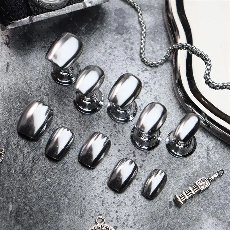 10PCS Handmade Fake Nails Press on Designs Full Cover Short Manicure Reusable Wearable False Nails Silver Punk Finger Tips Art