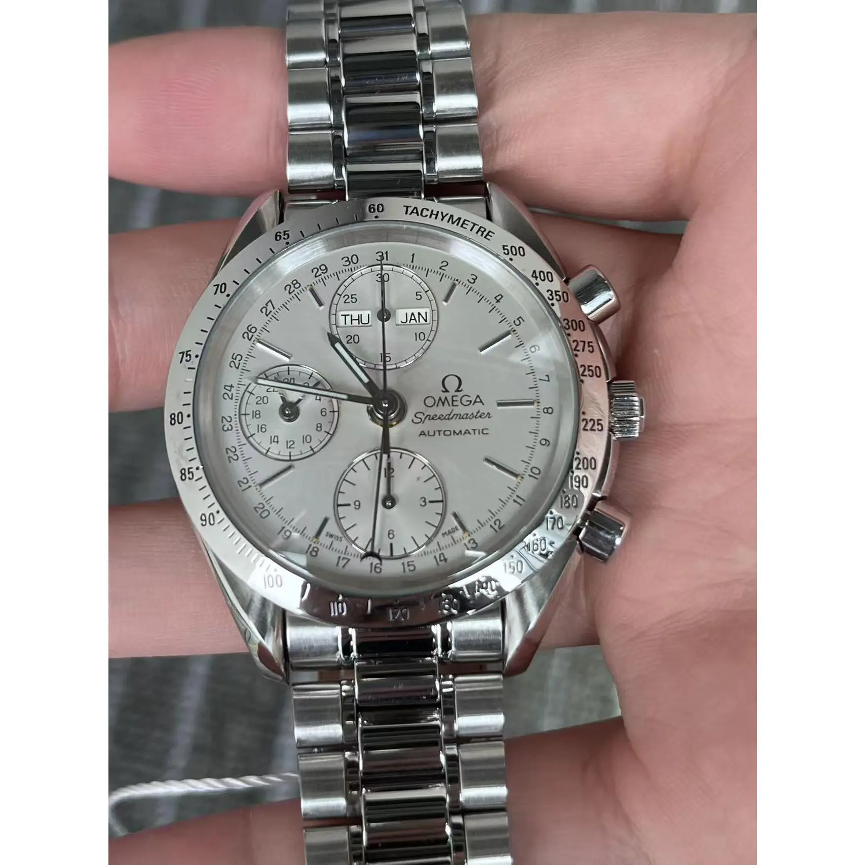 Omega Speedmaster 39, steel bracelet, white dial, mechanical movement, # TK-54772322, 18 cm，Jason