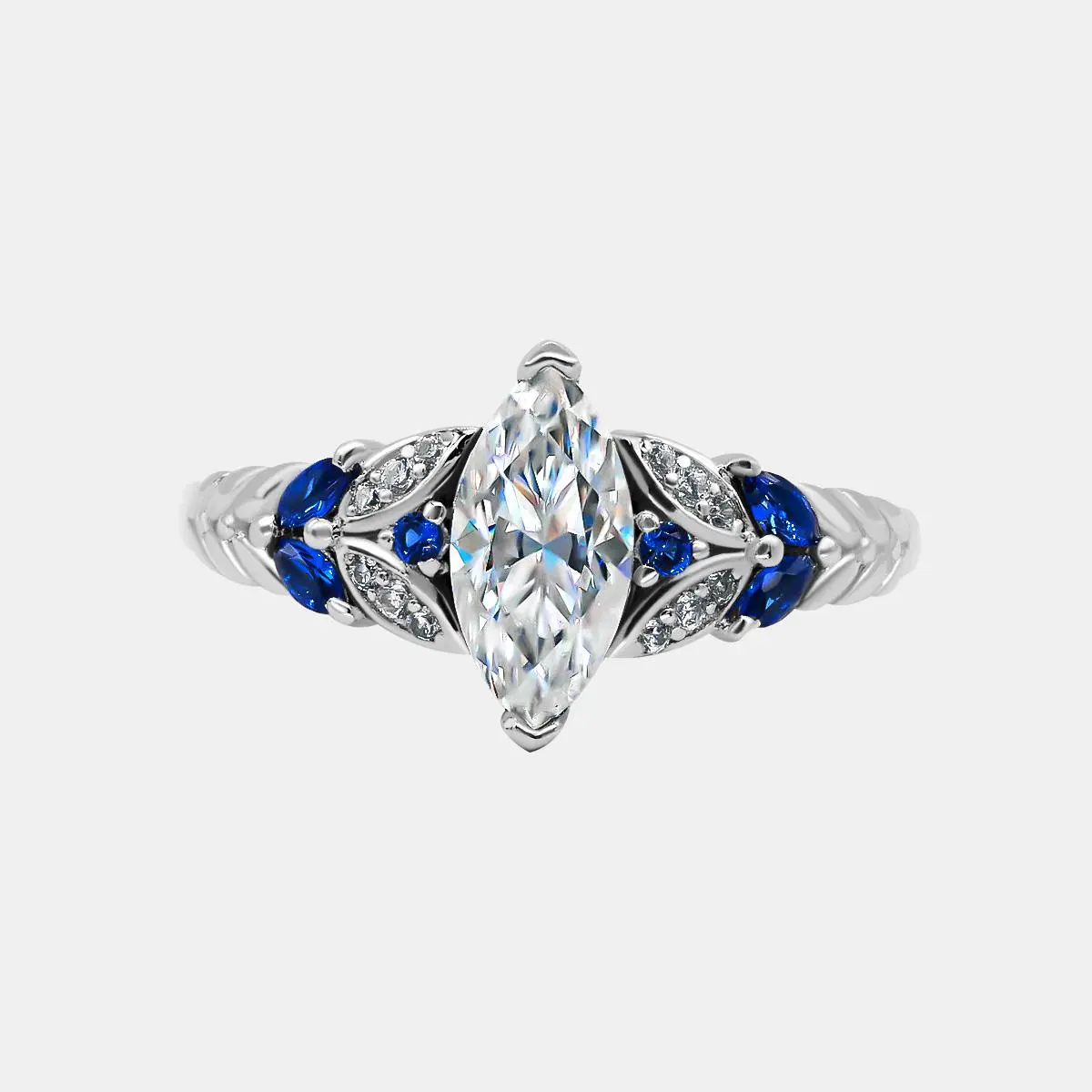 【733】New Year Promo "Springtime Symphony" Blue Adorned Laurel 1 Carat Marquise Synthetic Moissanite Ring