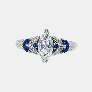 【733】New Year Promo "Springtime Symphony" Blue Adorned Laurel 1 Carat Marquise Synthetic Moissanite Ring