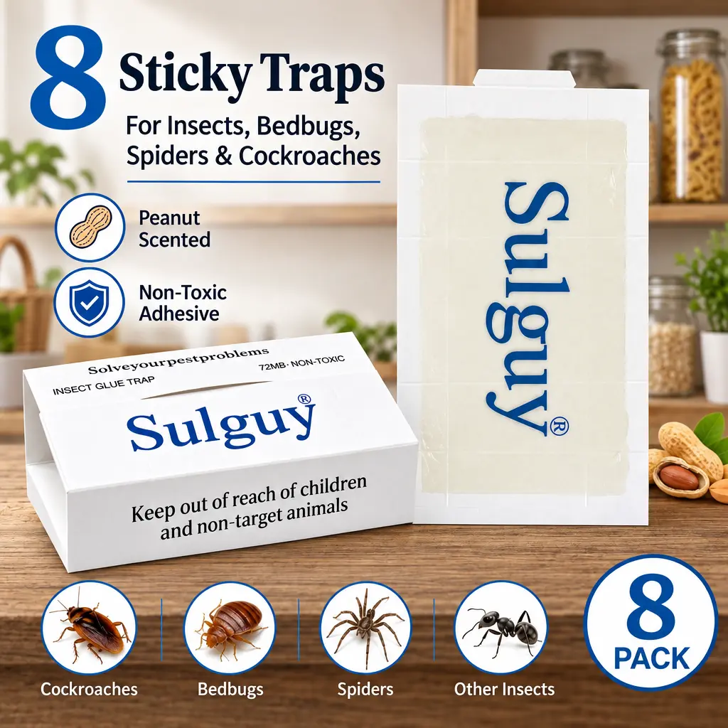 Roach Killer Indoor Infestation 8-Pack, Sulguy Roach Traps - Dual-Action Bait & Foldable Sticky Glue Boards for Ant, Spider, Cockroach Control, Non-Toxic Pet Safe Bug Catcher