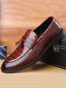Men's Business Casual Microfiber Leather Shoes, Office Shoes, Plain Pattern Slip-On Loafers, Large Size Fashionable Rubber Sole Footwear