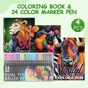 24 Color Markers & 3 Animal-Themed Coloring Books Set, High-Quality, Beginner-Friendly, A4 Size, Saddle Stitch Binding, Ideal Gift