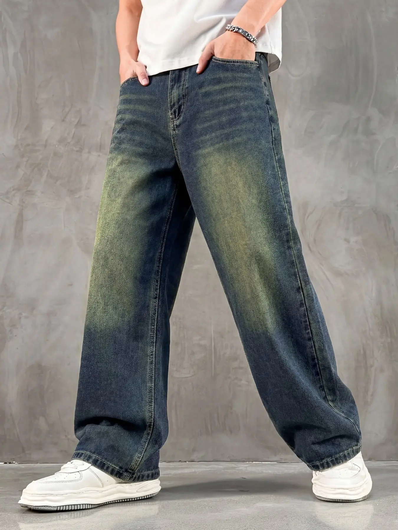 Men's Light Blue Washed Wide Leg Jeans, Tag Size XS-W30 to XXL-W40, Non-Stretch Loose Straight Fashion Casual Denim Pants Streetwear Casual Loose Jeans