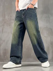 Four-season men's Dark Wash washed loose fit straight-leg wide-leg jeans, non-stretch American-style trendy street casual and versatile denim trousers Pants, suitable as a gift for husbands and boyfriends, Menswear Streetwear