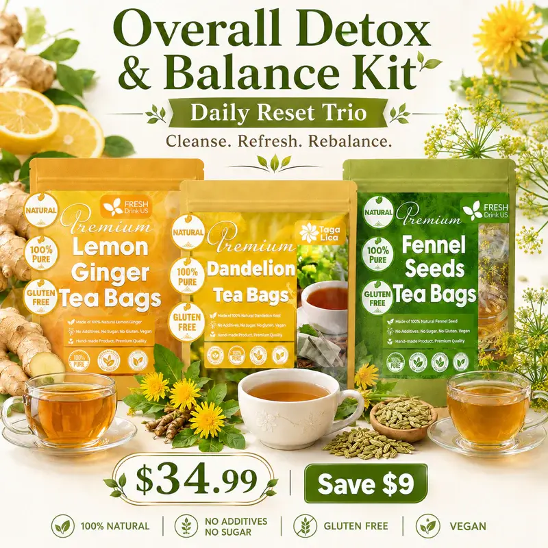 3-Tea Daily Detox & Balance Herbal Tea Kit for Clean Routine, Refresh & After-Meal Comfort