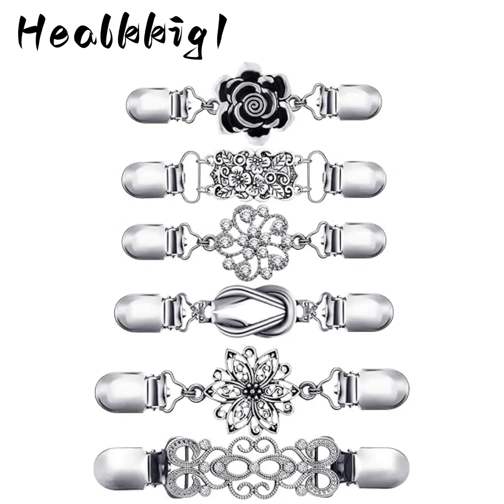 Vintage Sweater Clips, 6 Piece Set for Women, Zinc Alloy Floral Cardigan Brooches, Durable Metal Pins for Dresses