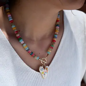 Y2K Rainbow Crystal Heart Necklace Handmade Colorful Beaded Chain with Vintage Bar Clasp, Trendy Aesthetic Jewelry for Women Birthday & Friend Gift Gold-Plated Crucifix tarnish proof cross bracelet men