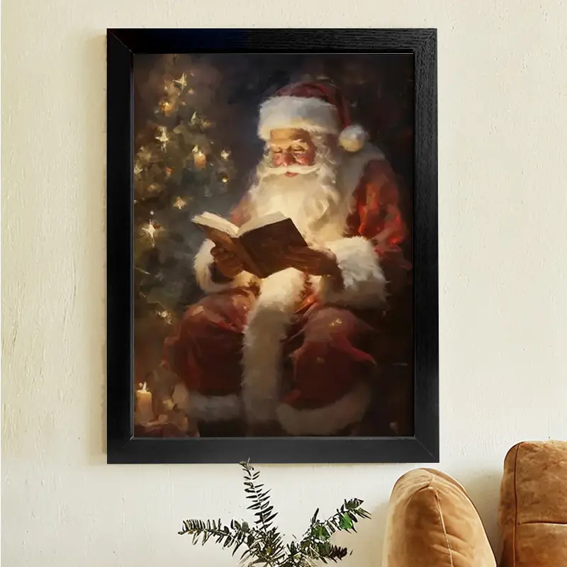 1pc Black Framed Wall Art, Santa Claus Reading A Book Wood Frame Canvas Prints Poster, Ready To Hang, Birthday Party Decor, New Year Halloween Christmas Easter Gift, Home Living Room Office Wall Decor, Perfect Gift and Home Decor wall art