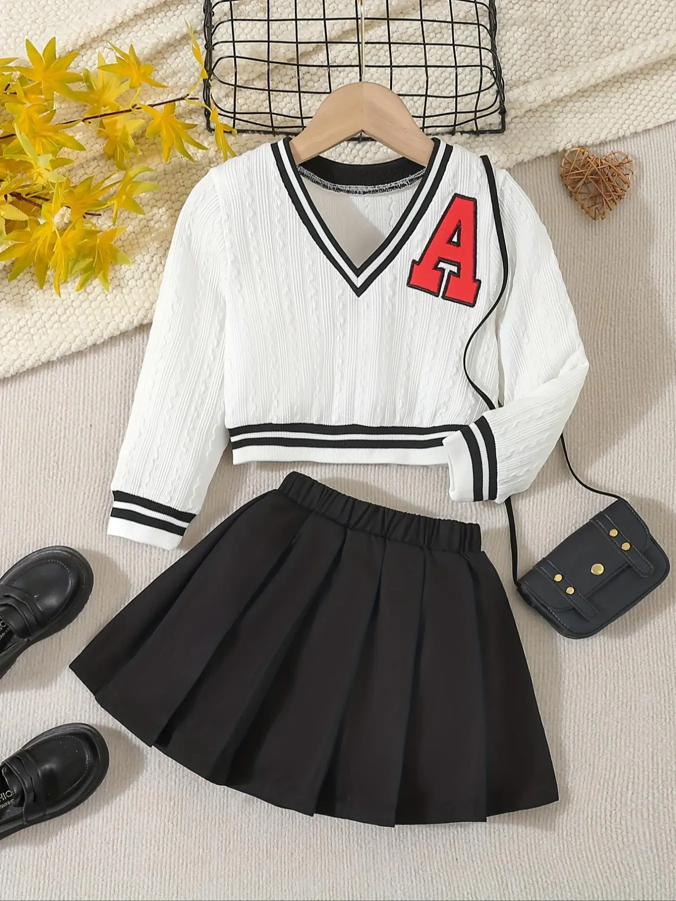 Two-Piece Set Girl's Letter Embroidery Contrast Binding Cable Knit Sweater & Pleated Skirt Set, Casual Long Sleeve V Neck Jumper & Elastic Waist Short