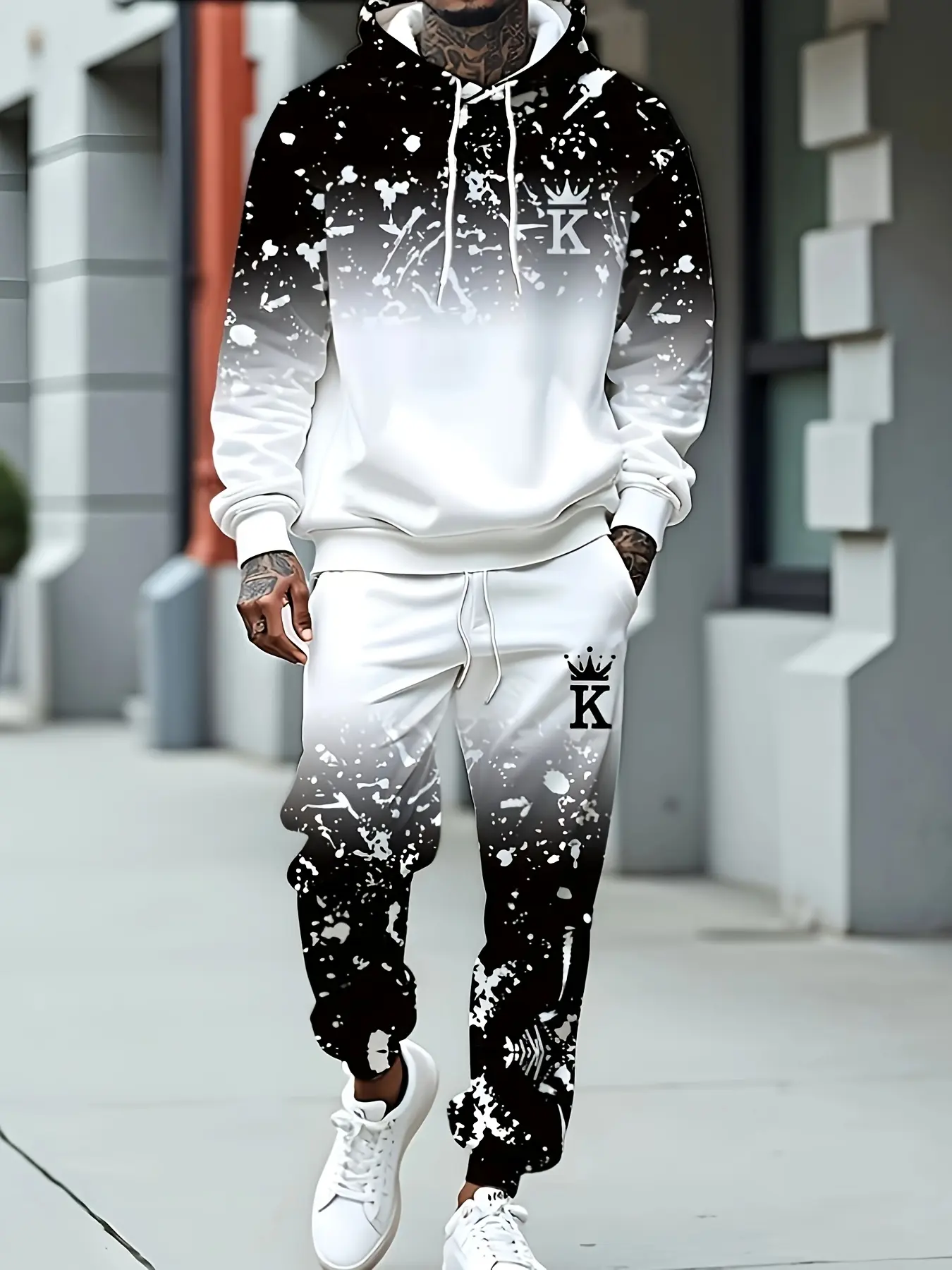 Men's Hooded Sports Set with Black and White Gradient Splash Ink Print, Street Chic Style, Casual Sportswear, Athleisure Sportswear Set, Sports Clothing